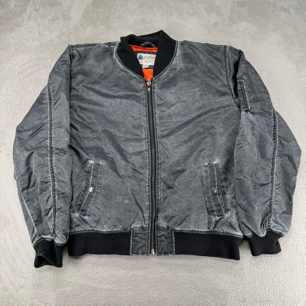 Vintage Lucky Brand Mens Bomber Jacket Medium Black Preowned MA-1‎ Faded Wash